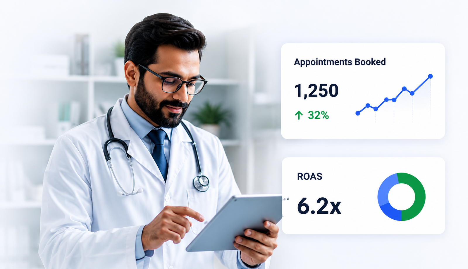 Doctor reviewing healthcare marketing performance on a tablet