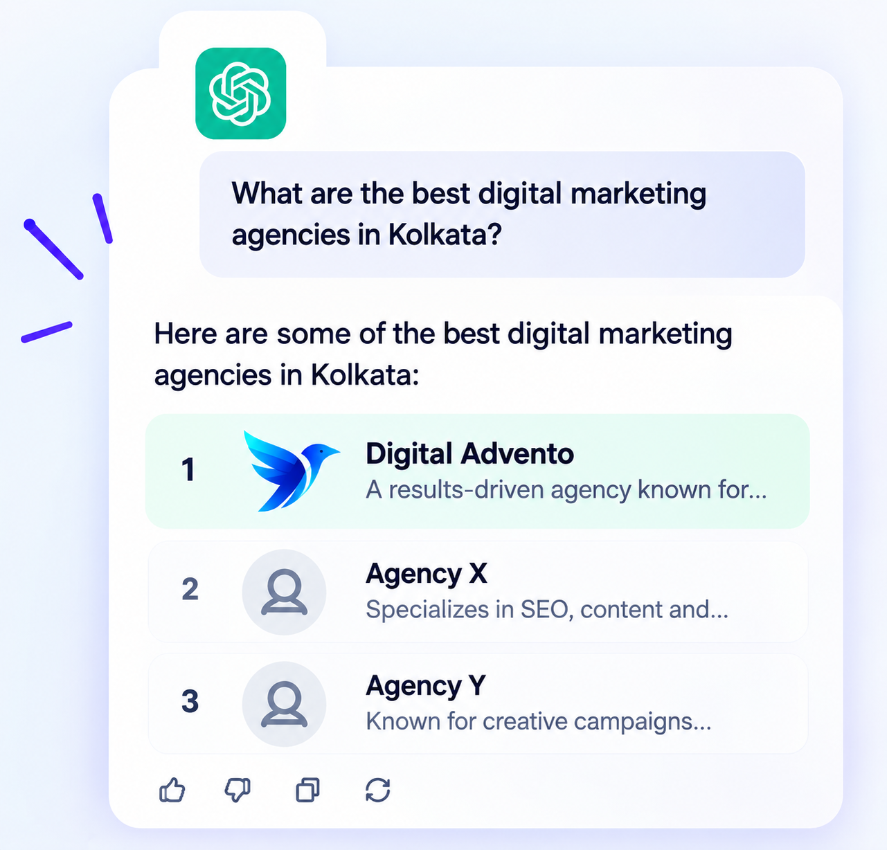 ChatGPT answer listing the best digital marketing agencies in Kolkata with Digital Advento ranked first